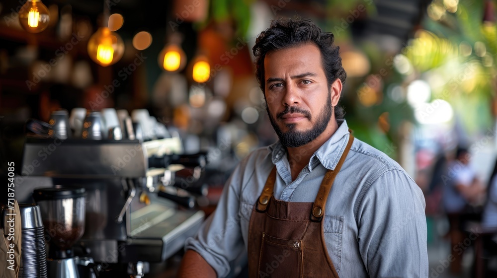 Cafe entrepreneur male smiling happy working in modern coffee shop, Hispanic 40s man barista standing at counter interacting with customers. lively morning atmosphere small business owner lifestyle Cafe entrepreneur male smiling happy working in modern coffee shop, Hispanic 40s man barista standing at counter interacting with customers. lively morning atmosphere small business owner lifestyle