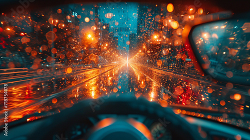 .An artistic shot of a go-kart's rear-view mirror reflecting an explosion of modern, bright hues.
