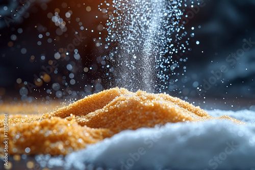 A packet of sugar that, when poured, reveals a flow of granulated natural sweeteners like stevia, photo