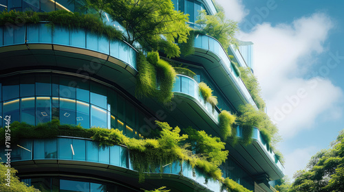 Eco-friendly building in the modern city. Sustainable glass office building with tree for reducing heat and carbon dioxide. Office building with green environment. Corporate building reduce CO2. photo