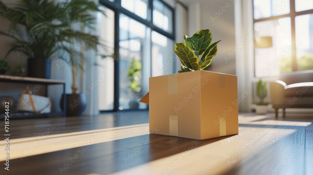 Moving house, relocation. New house, inside the room was a cardboard box containing personal belongings and furniture. move in the apartment or condominium. Generate by AI Moving house, relocation. New house, inside the room was a cardboard box containing personal belongings and furniture. move in the apartment or condominium. Generate by AI