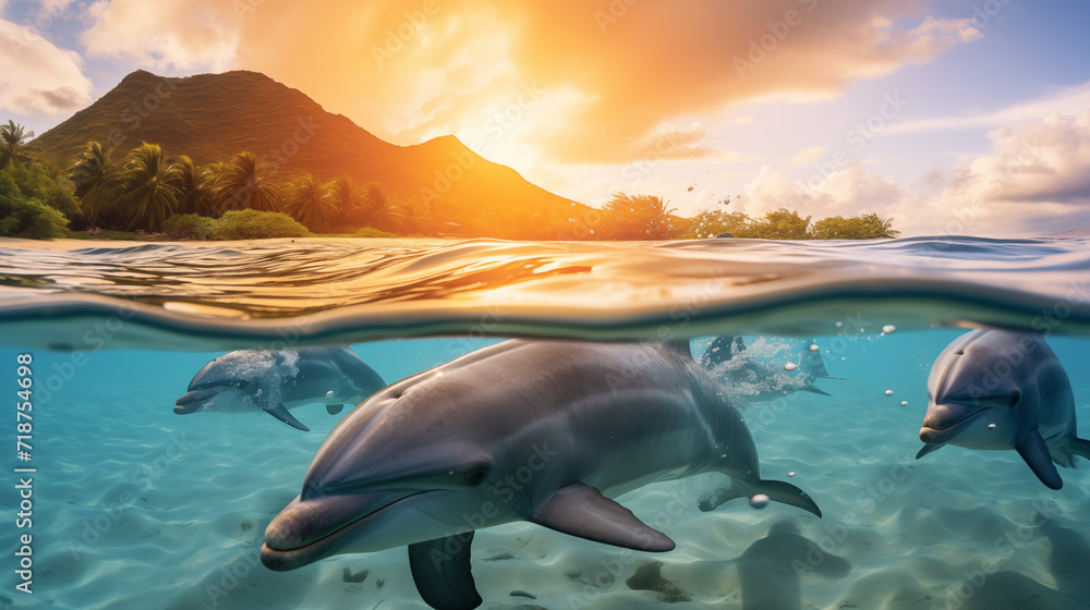 Fototapeta premium Big old rare endangered sea turtle cruises near tropical island beach and coral reef. Chelonia mydas swimming in the warm clean waters. Split over/underwater view with waterline