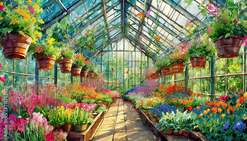 flower bed in the greenhouse in the spring, art design photo