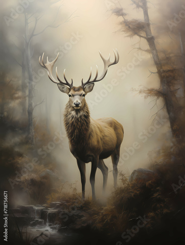 An Elk Is Standing On A Fog, A Deer With Antlers Standing In A Forest © netsign