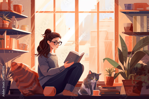 Girl sitting on window sill and reading a book,  surrounded by books and bookshelves, with winter view outside the window