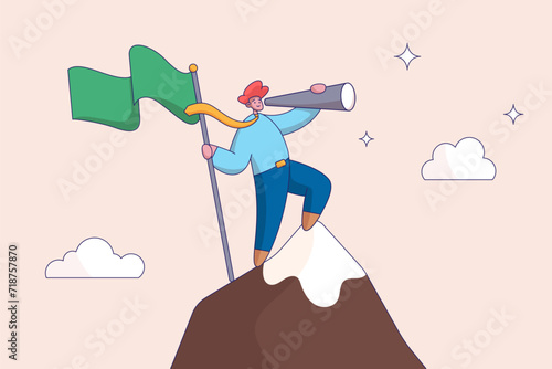 Vision or new challenge concept. Victory or business achievement, triumph winner or champion searching for next mission goal or target, success businessman on mountain peak look for new challenge.