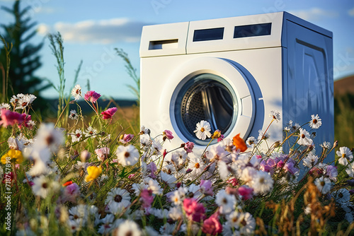 Spring freshness and the smell of washed laundry, a white washing machine in a meadow full of fresh spring flowers, laundry detergent and fabric softener. photo
