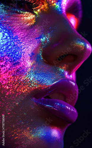 Portrait of a beautiful young woman who has a face with modern, neon, urban make-up and her whole face painted with vibrant colorful glitter paint.