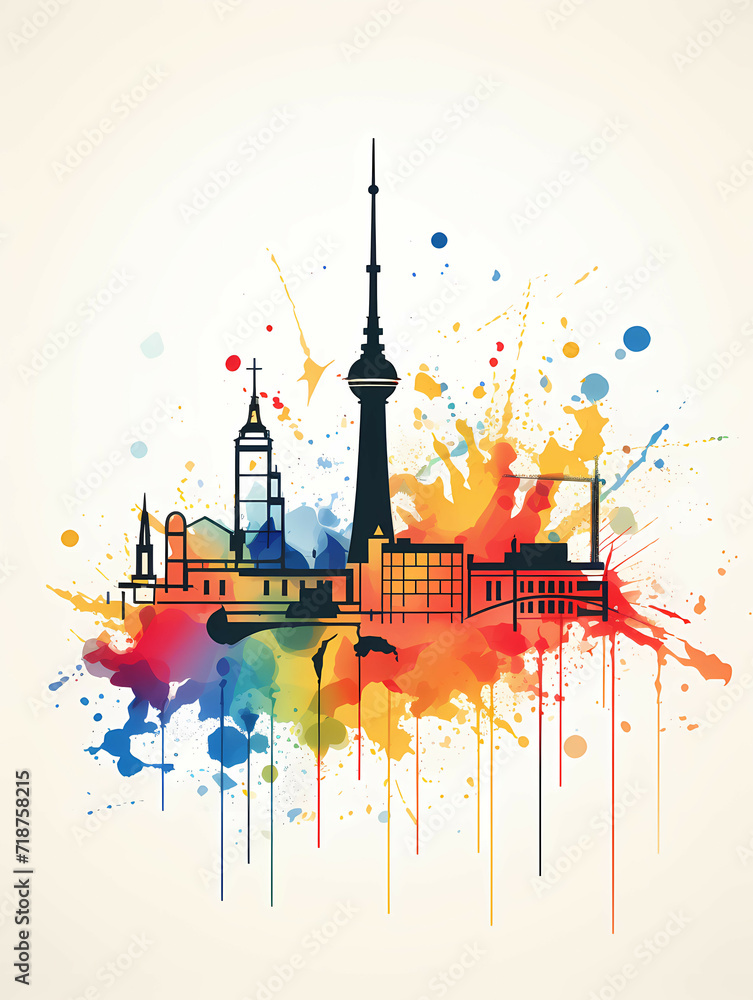 Minimalist Berlin Skyline Line Art, A Colorful Cityscape With A Tower