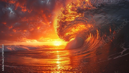 Golden Sunset Wave Crashing on the Beach Generative AI