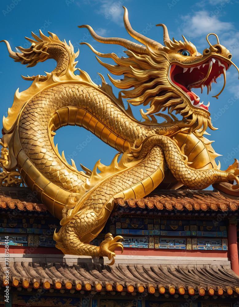 Blue sky and 100 days, traditional Chinese elements, a golden dragon, glittering gold. The golden dragon