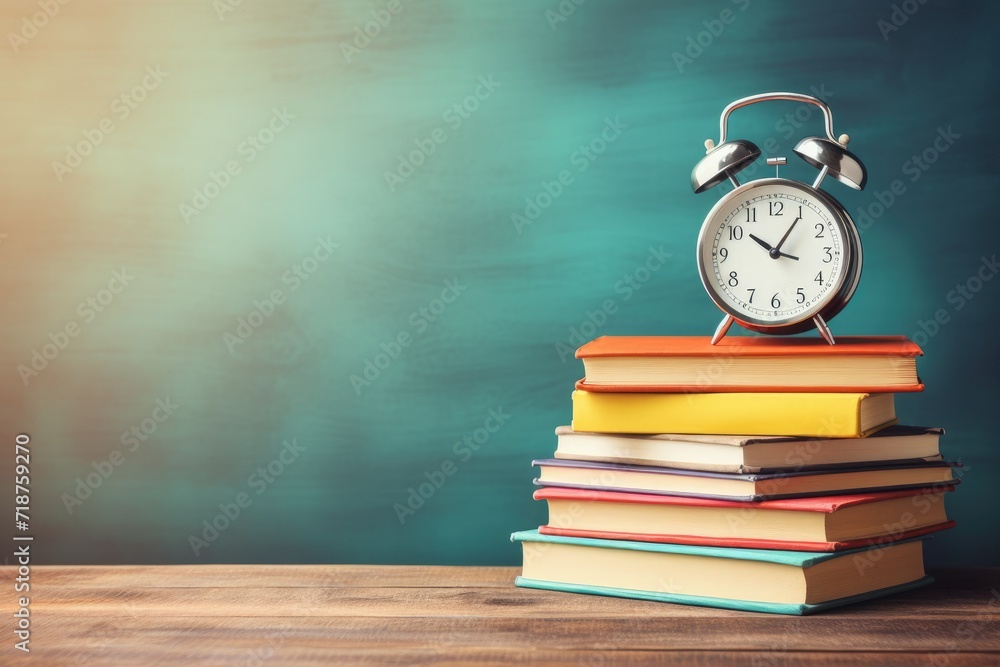 Alarm clock and stack of books on wooden table. Back to school concept Ai generated Alarm clock and stack of books on wooden table. Back to school concept Ai generated