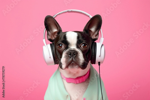 The sweetest dog, lost in the melody with headphones, dressed in a trendy outfit, and set against a cheerful pink background.