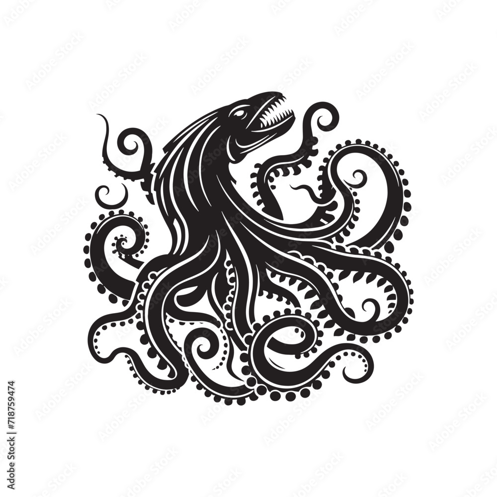 Oceanic Sovereignty: Kraken Silhouette Collection Asserting Dominance in the Enchanted Realms Below - Kraken Illustration - Sea Monster Vector Illustration - Kraken Vector
