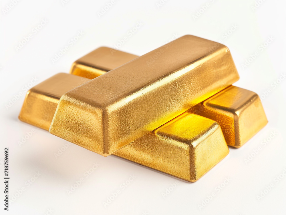 Pile of gold bars isolated on white background in minimalist style.
