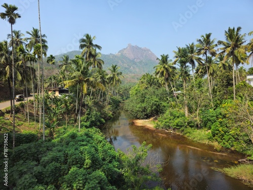 Beautiful river with mountain background in Palakkad, Kerala India. 
