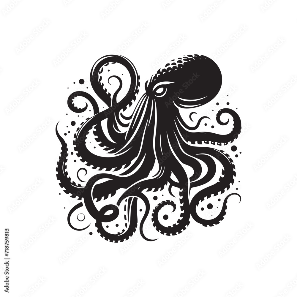 Obraz premium Majestic Depths Unleashed: A Gallery of Kraken Silhouettes Emanating Oceanic Grandeur - Kraken Illustration - Sea Monster Vector Illustration - Kraken Vector 