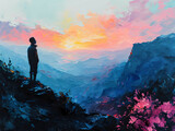 Young Black Male Standing Atop A Mountain, A Man Standing On A Mountain Looking At A Colorful Sunset