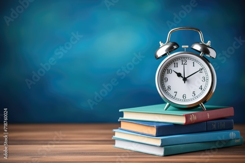 Alarm clock and stack of books on wooden table. Back to school concept Ai generated