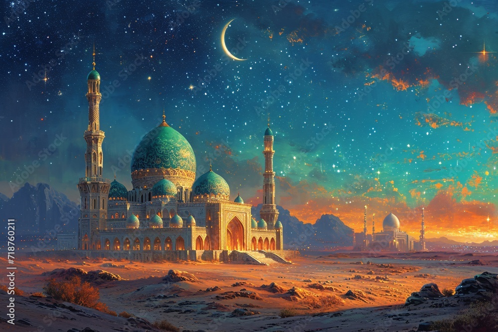 Arabian Nights: A Moonlit Night at the Grand Mosque Generative AI - obrazy, fototapety, plakaty 