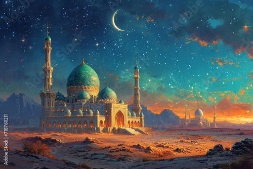 Arabian Nights: A Moonlit Night at the Grand Mosque Generative AI photo