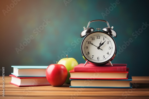 Alarm clock and stack of books on wooden table. Back to school concept Ai generated