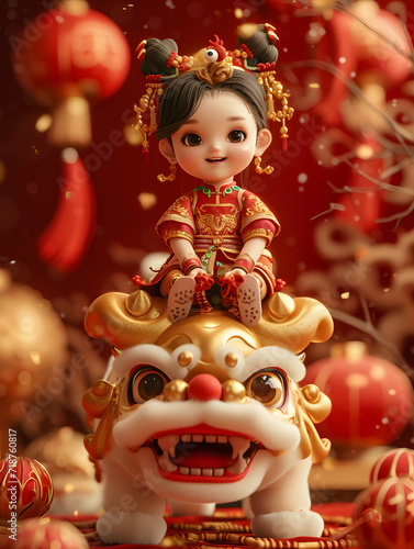 Chinese New Year celebration featuring a lion statue and festive decorations, surrounded by angelic porcelain figurines, toys, and holiday-themed objects