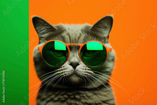 A charming kitty wearing the coolest sunglasses and modern ensemble, standing out on a vibrant green background with an air of feline chic. © Shani
