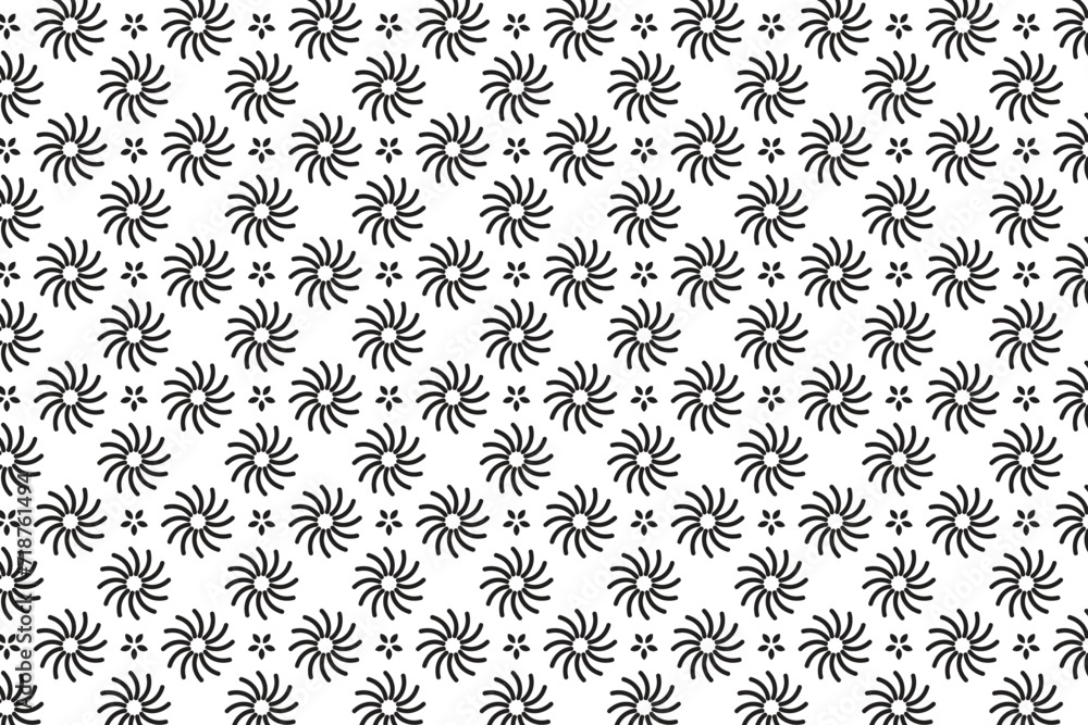 Vector black and white floral geometric seamless pattern. Abstract minimal geometric ornament with flowers in oriental style. Simple monochrome background. Elegant ornamental texture. 