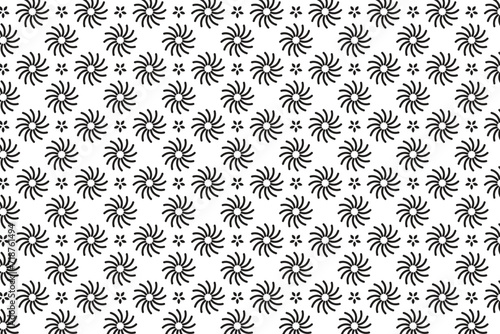Vector black and white floral geometric seamless pattern. Abstract minimal geometric ornament with flowers in oriental style. Simple monochrome background. Elegant ornamental texture. 