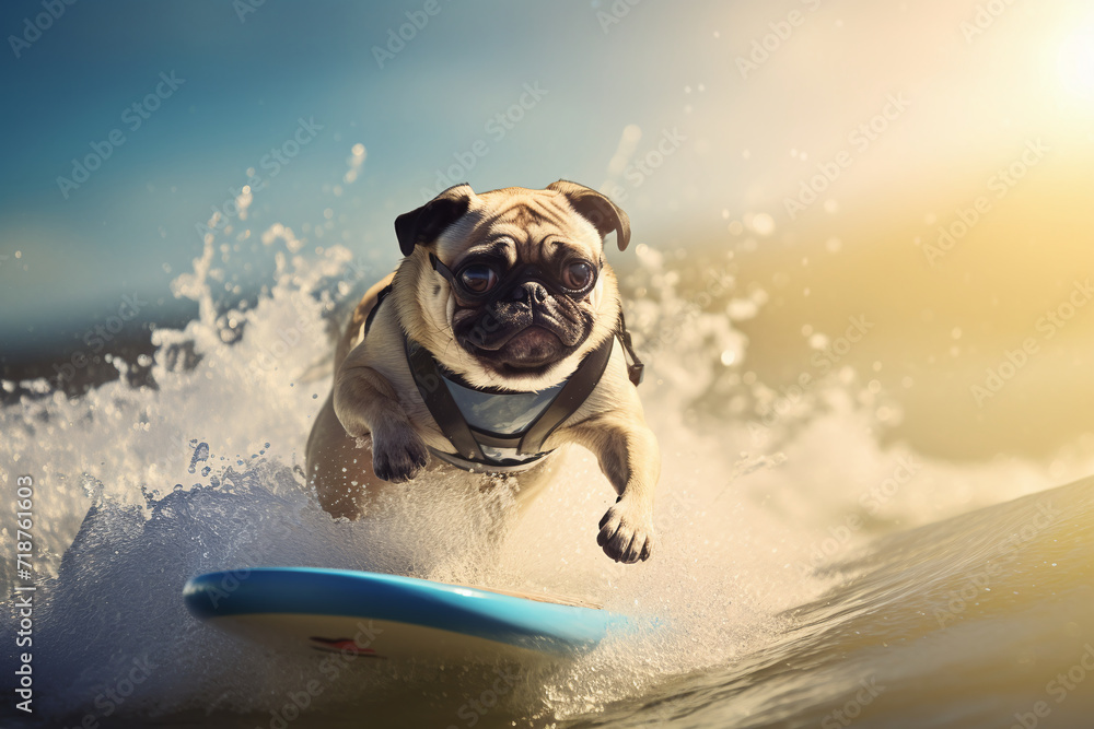 bulldog dogs their outdoor activity is surfing. Ai generate.