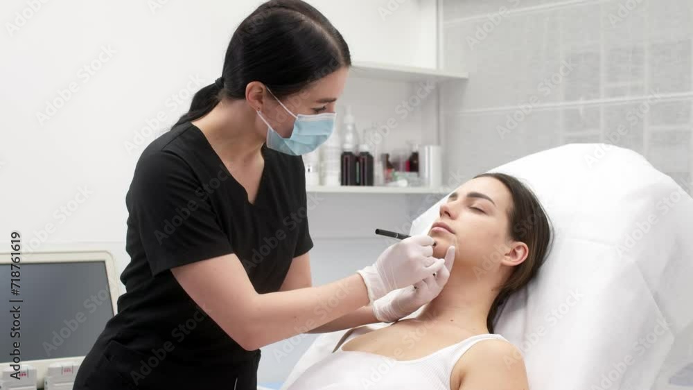 Beauticians in white gloves draw on the face with a pencil, preparing to inject a rejuvenating facial filler into a young woman. Injection beauty procedure. Beauticians in white gloves draw on the face with a pencil, preparing to inject a rejuvenating facial filler into a young woman. Injection beauty procedure.