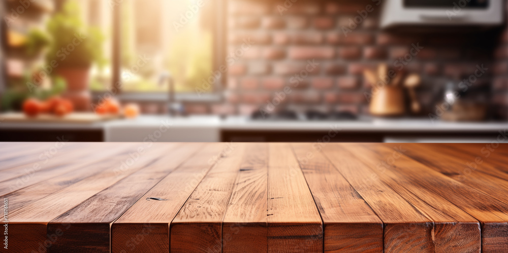 Empty wooden tabletop with bokeh lights on blurred kitchen background