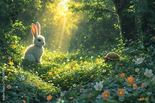 Bunny and Turtle in the Garden: A Cute and Colorful Moment Generative AI photo