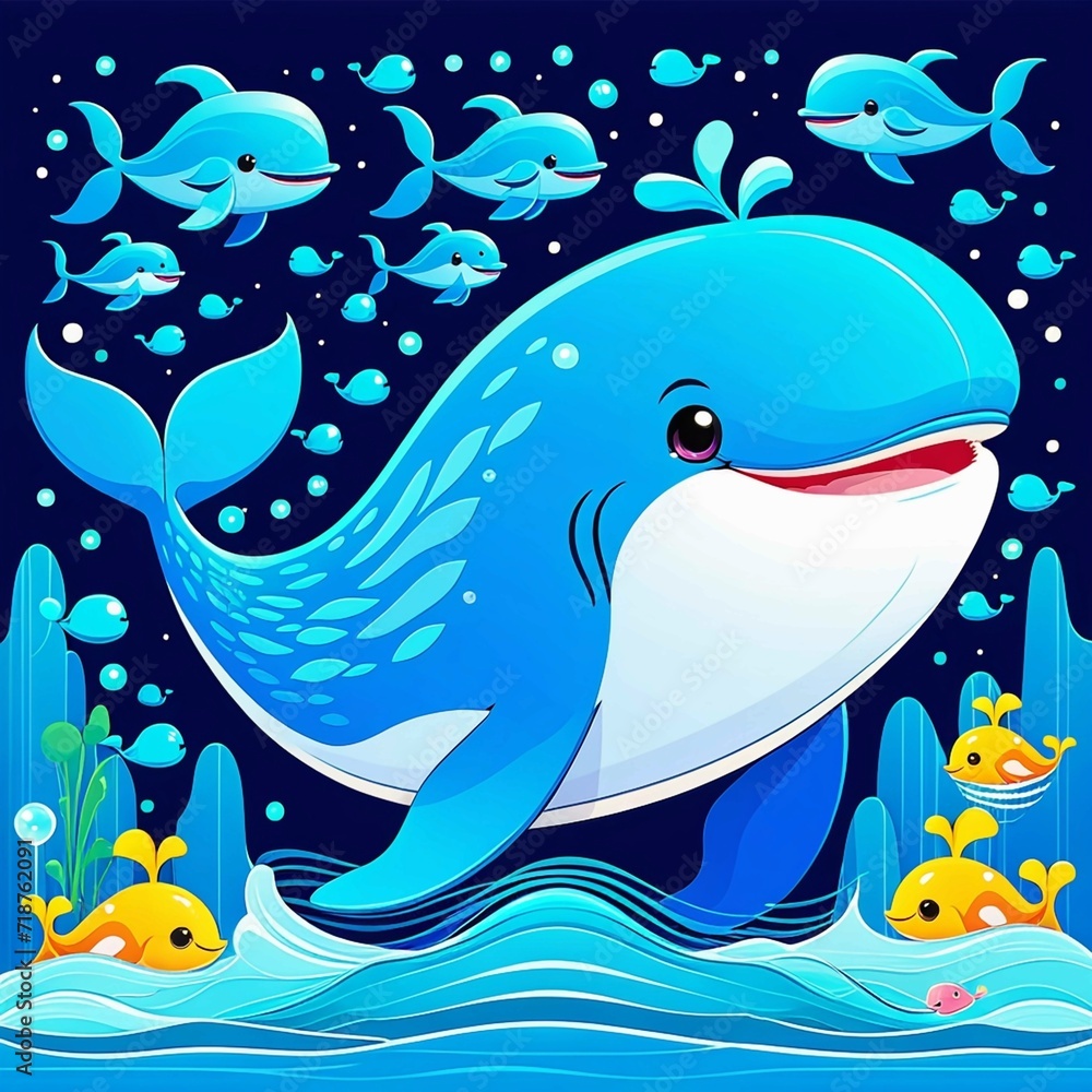 Obraz premium cute whale cartoon vector illustration, Generated AI
