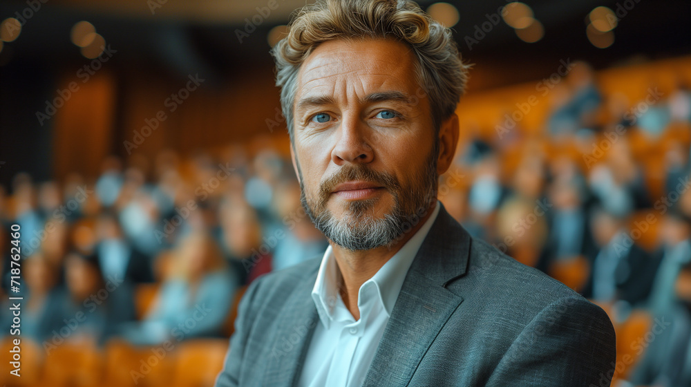 Portrait of an elegant man standing in a crowded auditorium meeting.