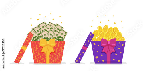 Gift boxes with money and coins. Open gift boxes with surprises. Concept of loyalty program, get rewards, money prize reward, big win, bonus, prize.