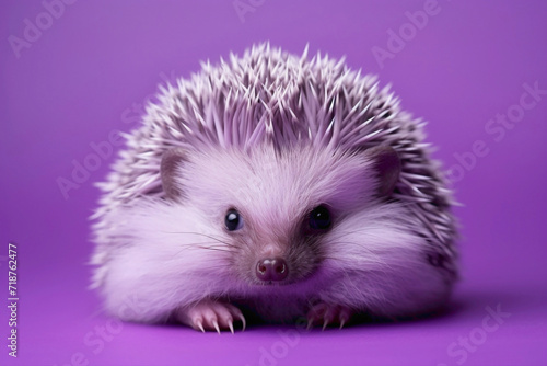 A baby hedgehog curled into a ball, showcasing its prickly spines, on a smooth purple surface.