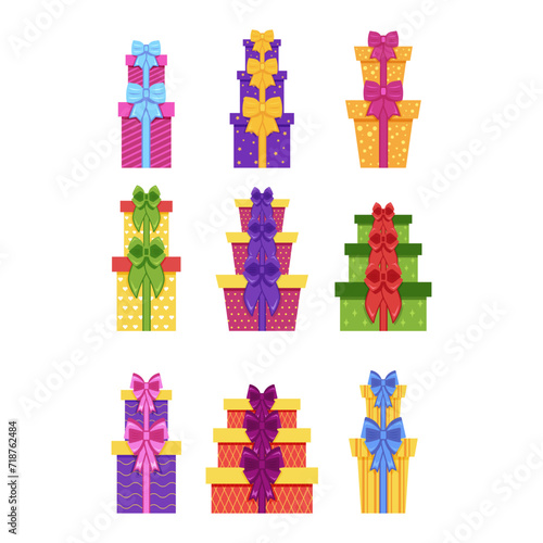 Gift boxes. Colorful gift boxes set. Vector illustration of cute present boxes on white background.