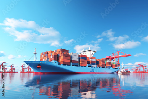 Ocean transport ship loaded with containers. 3D render. Ai generate.