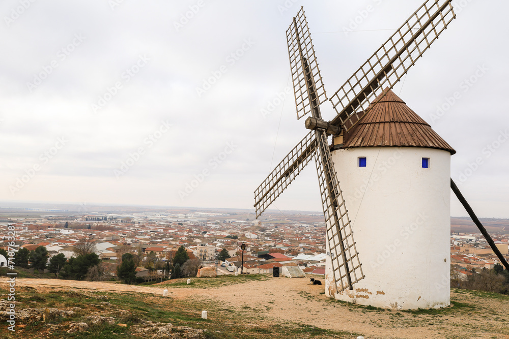Beautiful windmills in Mota del Cuervo town, in Spain