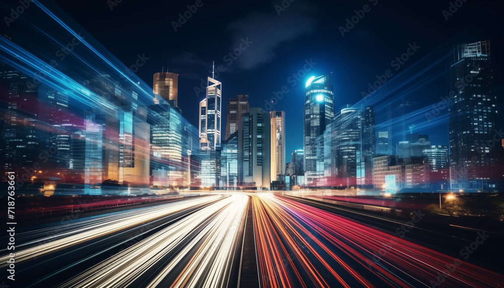 Spectacular nighttime skyline of a big modern city at night