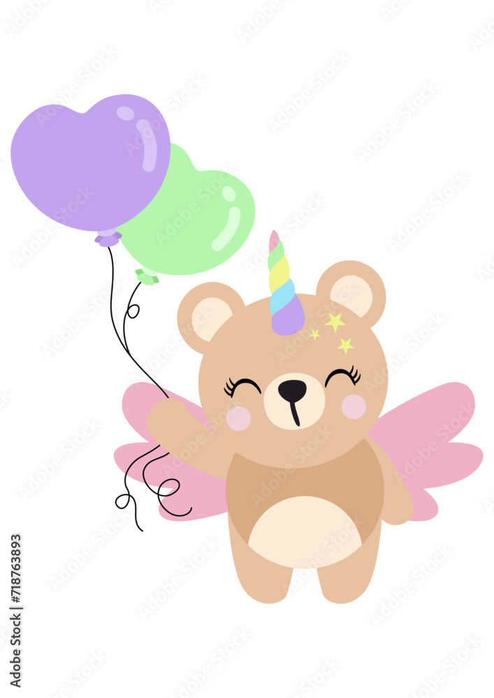 Obraz premium Cute happy unicorn teddy bear holding balloons