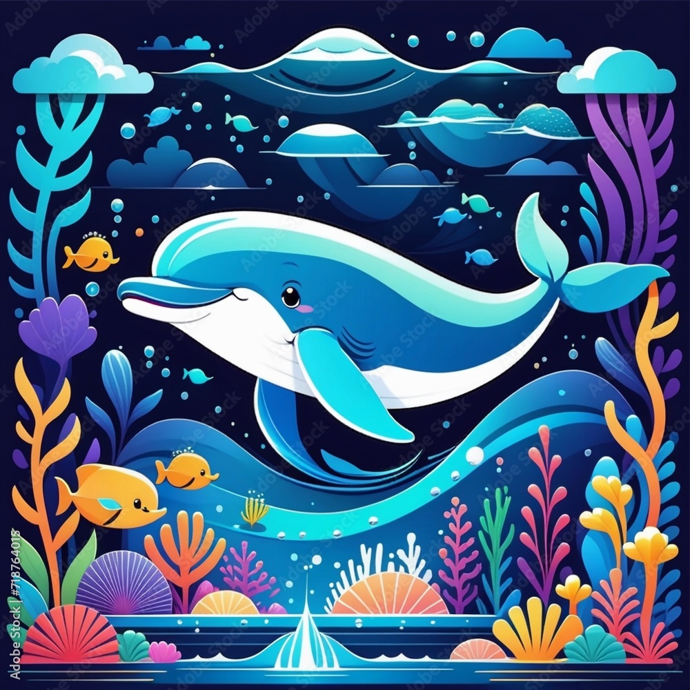 Obraz premium cute whale cartoon vector illustration, Generated AI