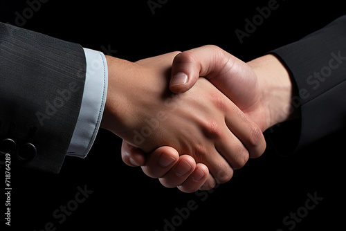 Close up of men shaking hands. Confident businessman shaking hands isolated on black background.