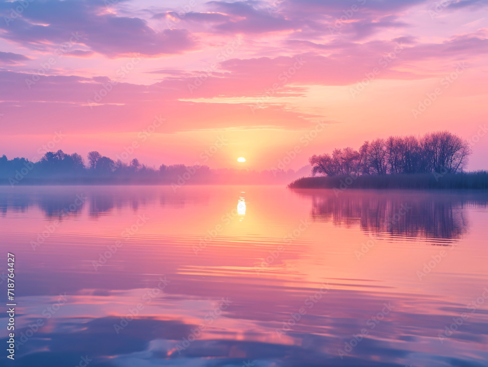 Sunrise at foggy lake with reflection. Tranquil morning landscape for peaceful nature design
