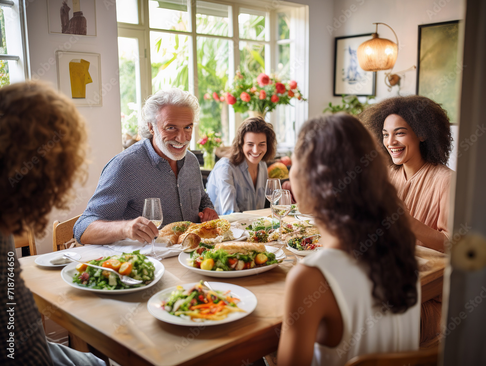 Happy extended family having fun during tasty lunch at home. Grandfather and granddaughter are talking.