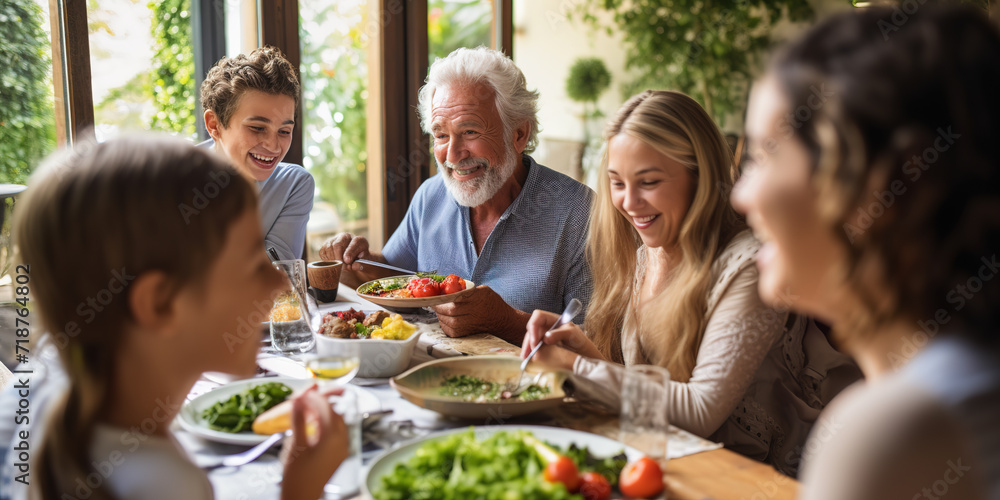 Happy multi-generation family gathering around dining table and having fun during a lunch.