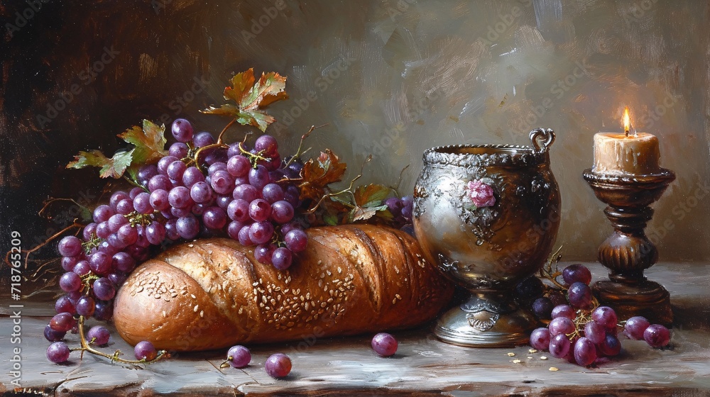 Grape Harvest Season: A Painting of Grapes, Bread, and a Wine Goblet Generative AI Grape Harvest Season: A Painting of Grapes, Bread, and a Wine Goblet Generative AI