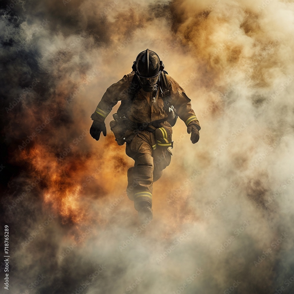 Fototapeta premium Firefighter in action with smoke and fire on a dark background.AI.